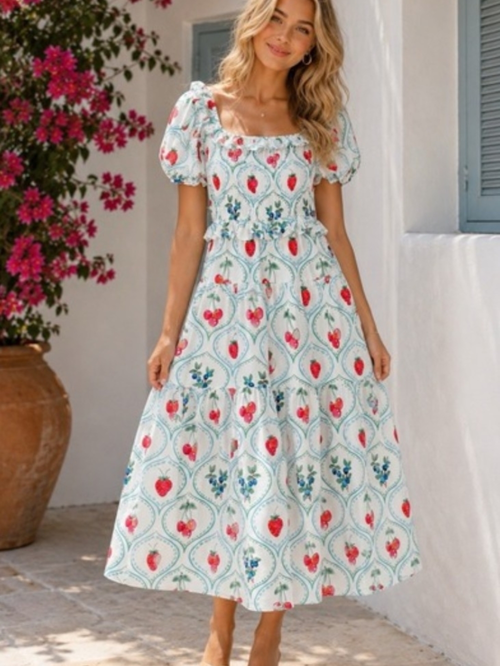 🌼B2G1🌼 Us Together Square-Neck Strawberry Blueberry Print Maxi Dress NWT